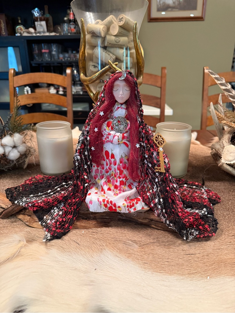 Handcrafted Red & Black Fabric Art Doll with Key and Medallion